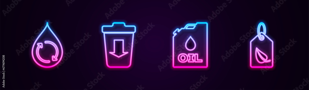 Sticker set line recycle clean aqua, send to the trash, canister machine oil and tag with leaf. glowing neon