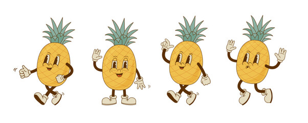 Set of retro cartoon pineapple characters in different poses and emotion. Vintage smiling fruit mascot. Vector illustration. - obrazy, fototapety, plakaty