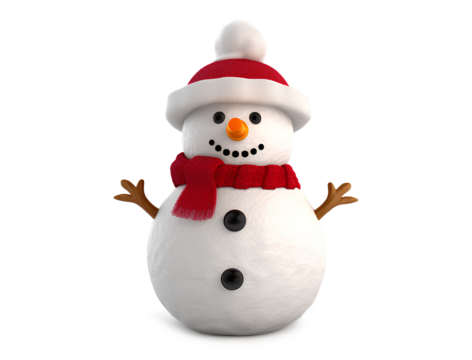 Snowman with hat and scarf isolated on Transparent or white background, Generative AI