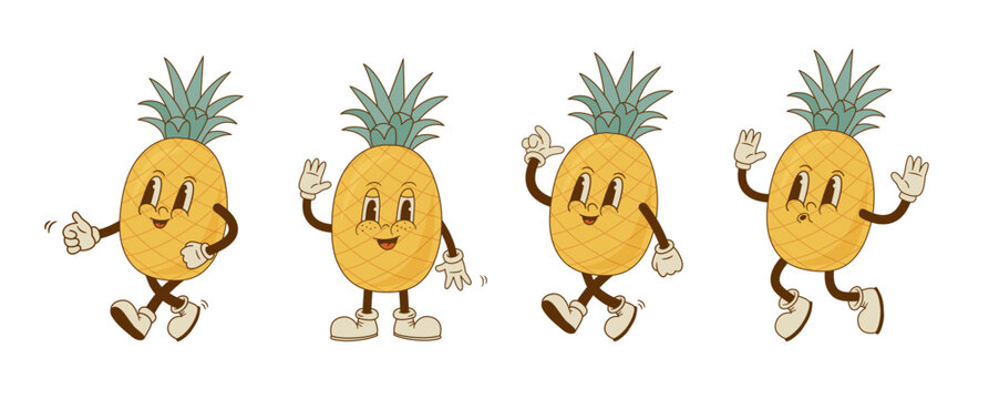 Set of retro cartoon pineapple characters in different poses and emotion. Vintage smiling fruit mascot. Vector illustration.