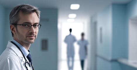 Doctor holding medical report in hospital corridor