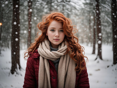 A beautiful red-haired girl, dressed in a cozy red winter coat and a scarf, in a serene snowy forest.