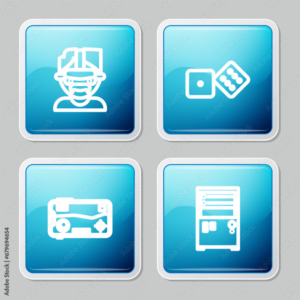 Poster set line virtual reality glasses, game dice, mobile and playing in game and computer icon. vector
