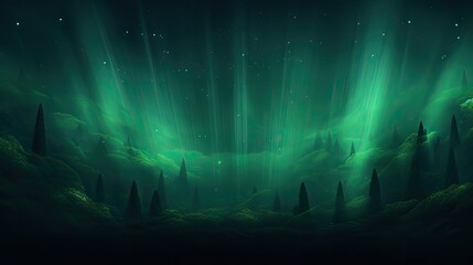  a painting of a forest filled with lots of bright green beams of light coming out of the forest into the night sky.