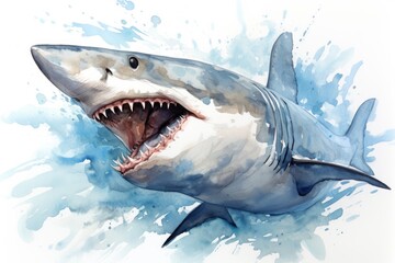Naklejka premium watercolor Shark Hungry shark illustration with splash watercolor textured background