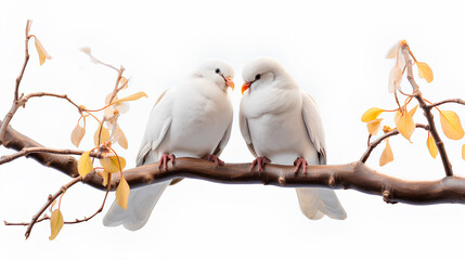 Two white doves are sitting on a tree branch isolated on a transparent background, Generative AI
