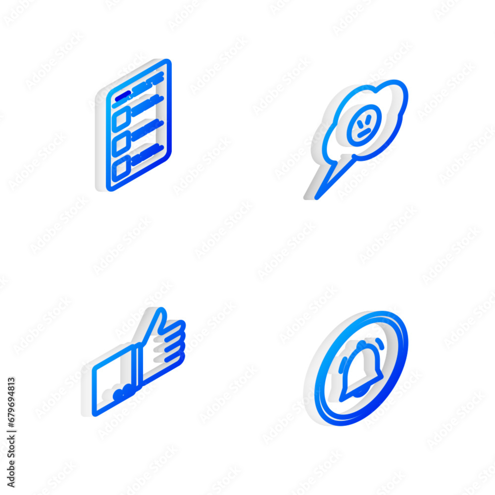 Poster set isometric line speech bubble with angry smile, create account screen on mobile, hand thumb up an