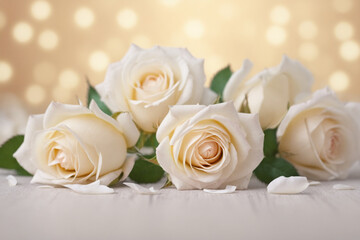 White roses petals on a bokeh background