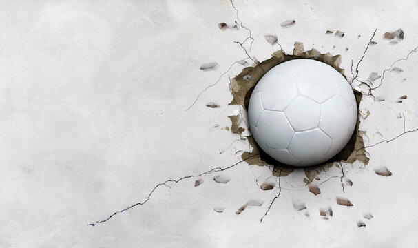 Soccer ball flying through the wall with cracks