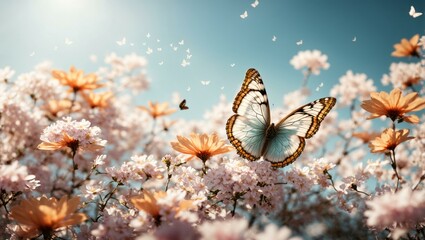 Obraz na płótnie Canvas colorful spring butterflies on a blue sunny spring magic background