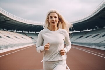 Obraz premium Beautiful woman working out and running on track, running outdoors and doing fitness exercises. healthy jogging and running concept
