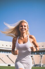 Fototapeta na wymiar Beautiful woman working out and running on track, running outdoors and doing fitness exercises. healthy jogging and running concept