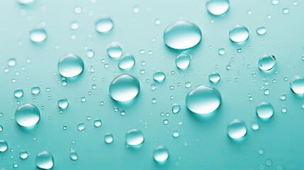  a group of water drops on a blue surface with a light green back ground and a light blue back ground.