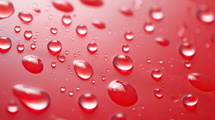  drops of water on a red surface that looks like they have been taken off of a plane in the air.