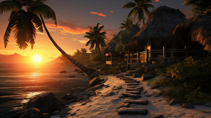 Drawing tropical beach on sunset sky background. Summer and travel concept. Generative ai.