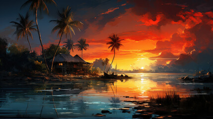 Drawing tropical beach on sunset sky background. Summer and travel concept. Generative ai.