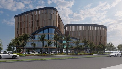 Obraz premium 3D illustration of a rental office building, a unique building shape with a large parking area and communal area. 3D Rendering