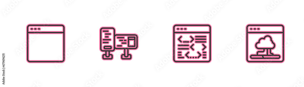 Poster set line browser window, software, computer monitor screen and cloud technology data transfer icon. 