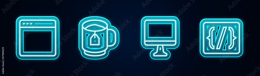 Poster set line browser window, cup of tea with tea bag, computer monitor screen and programming language s