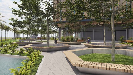 3D illustration of a rental office building, a unique building shape with a large parking area and communal area. 3D Rendering