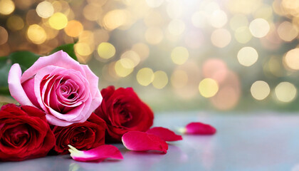 Pink and red roses petals on a bokeh background, copy space on a side
