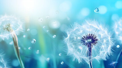 dandelion in the wind,Dandelion Seeds Glistening in Water Droplets on Blue,AI Generative  - obrazy, fototapety, plakaty