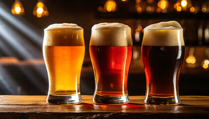 Close-up of three glasses of fresh beer, different types, blonde beer (lager beer), red beer and dark beer with white foam, above an old wooden table, bar or pub counter. Dark room on background. - obrazy, fototapety, plakaty