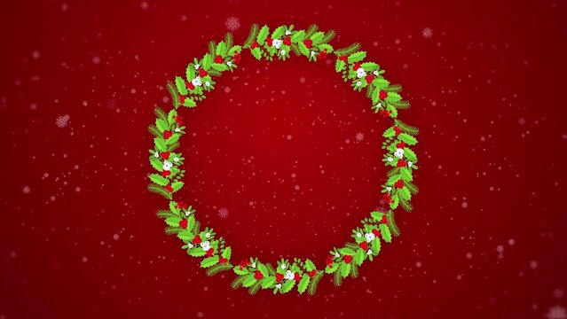 Christmas wreath 2D Animation. Round floral frame with decoration