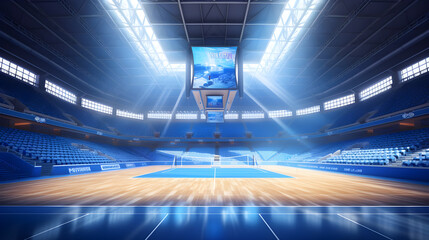 Sport arena interior volleyball,  A fan's view of the field from the stands, 3D illustration. - obrazy, fototapety, plakaty