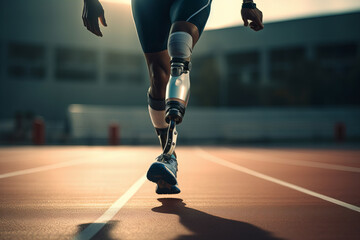 Inclusive Athletics: Disabled Runner with Prosthetic Leg in Action - obrazy, fototapety, plakaty