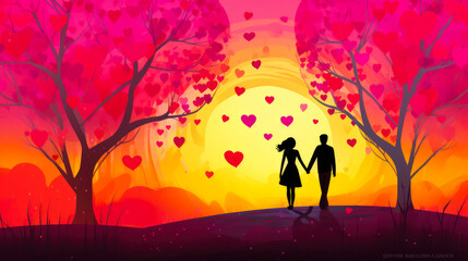 romantic illustration of young couple walking holding hands in the park valentines day background