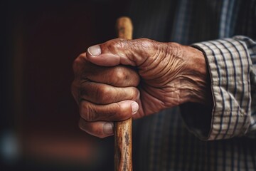 An older person's hand is on a cane  