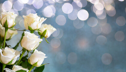 White roses petals on a bokeh background, copy space on a side
