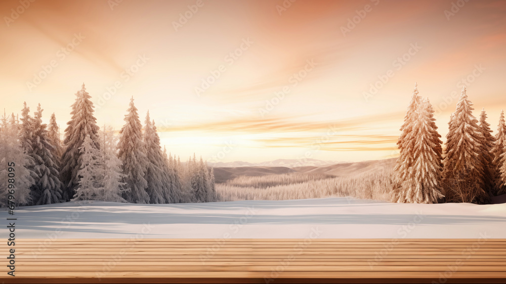 Poster wooden table against snowy landscape with fir trees in the forest at sunset view background. high qu