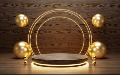 Gold Pedestal podium product presentation mockup, neon lighting and wooden background, Pastel minimal wall scene, Studio room. Creative trendy style of the year.