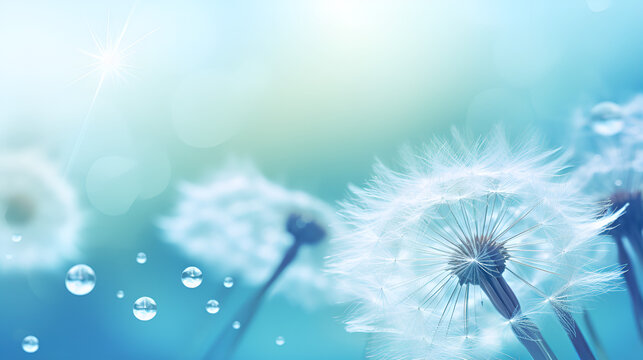 dandelion on blue sky,Dandelion Seeds Glistening in Water Droplets on Blue,AI Generative 