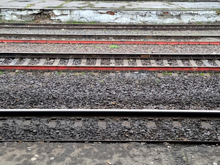 Railway tracks in the city, close-up of rails.