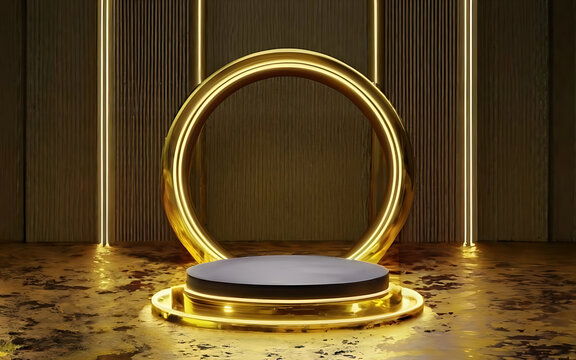 Gold studio luxury design with wooden texture background, 3D realistic podium product presentation mockup with 
neon light effect, Abstract minimal scene mockup products display,