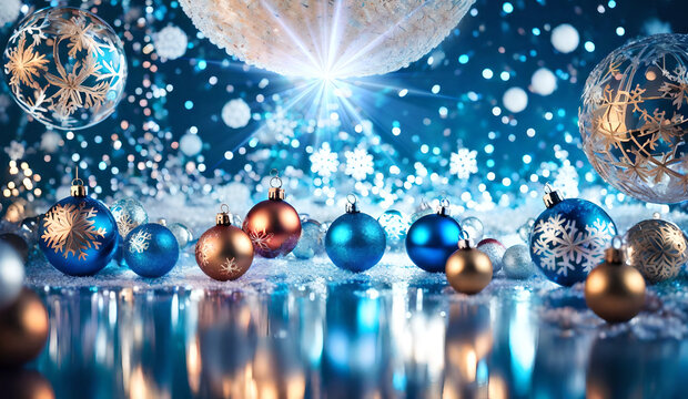 christmas background with xmas decoratin balls in blue and gold and white colors and with ethereal dreamy style 