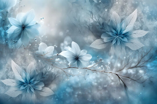 Christmas wintery background with the xmas plant poinsettia in silver and blue colors with dreamy ethereal effect 
