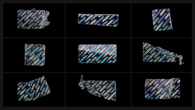 Original label sticker. rectangle holographic sticker set. Ripped, crumpled, damaged hologram seal