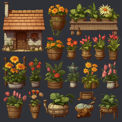 Fototapeta na wymiar flowers in pots, game assets for the pixel-art village 