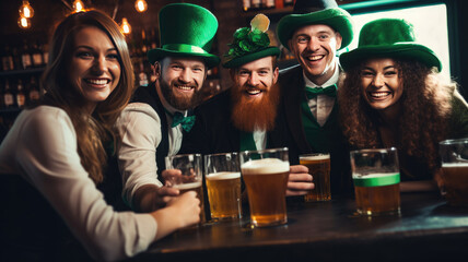 Friends in St. Patrick's Day costumes sit at a bar and have fun chatting. - obrazy, fototapety, plakaty