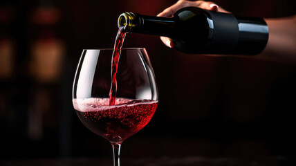A glass of red wine. Close-up of a hand pouring wine from a bottle into a glass.