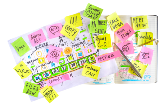 Calendar with business appointments and adhesive notes,monthly schedule. Business concept,beat the clock. Isolated on transparent background.DNG FILE FORMAT