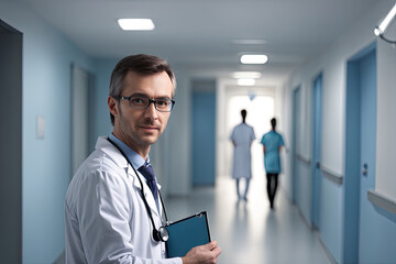 Physician with co-workers blurred background
