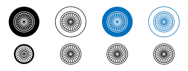Car hubcap vector icon set. Automobile alloy disk symbol. Truck tyre trim icon in black filled and outlined style. - obrazy, fototapety, plakaty