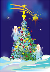 composition with a mosaic Christmas tree and two angels