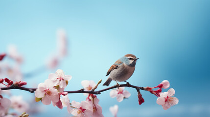 A small bird, on a branch with flowers, on a pastel background