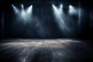 Dramatic Empty Stage with Spotlight Beams Background - obrazy, fototapety, plakaty